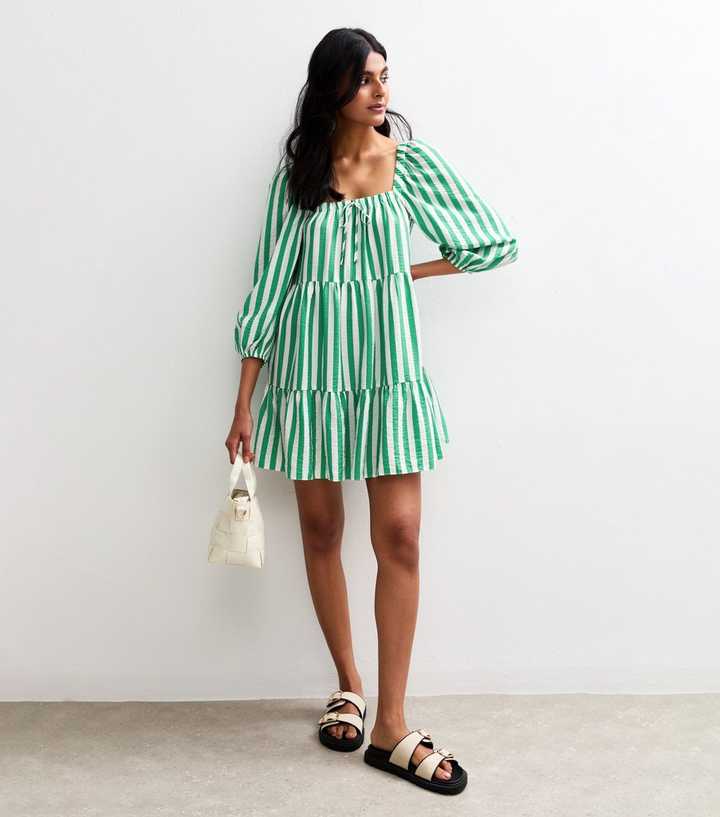 green and white smock dress Katie Olive Woodblock Linen Blend Midi Smock Dress – Finery London