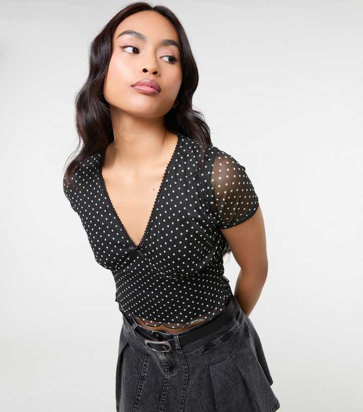 Pink Vanilla Black Polka Dot Mesh Crop Top