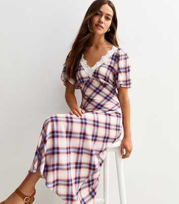 Petite Off White Checked Lace Trim Midi Dress