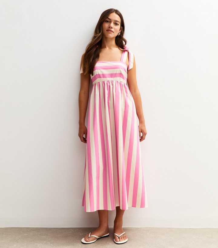 Petite Pink Striped Tie Strap Poplin Midi Dress