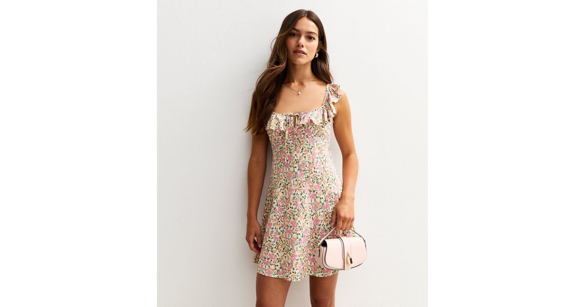 BLUE & CREAM PRINT MINI DRESS W/STRIPE TRIM & RUFFLE SKIRT main image 1
