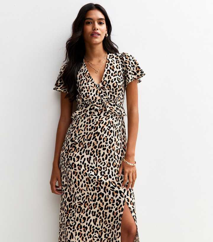 Brown Leopard Print Flutter Sleeve Midi Dress