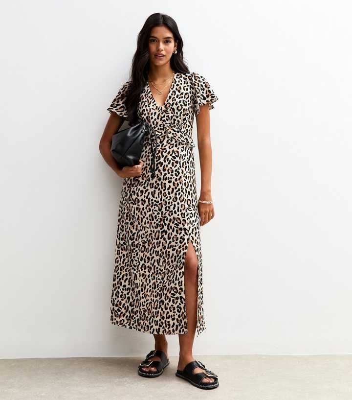 brown leopard print dress new look New Look Black Curves Brown Leopard Print Poplin Midi Dress UK 22  Reliked