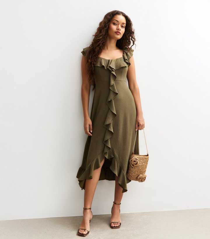 Petite Khaki Asymmetric Hem Ruffle Trim Midi Dress | New Look