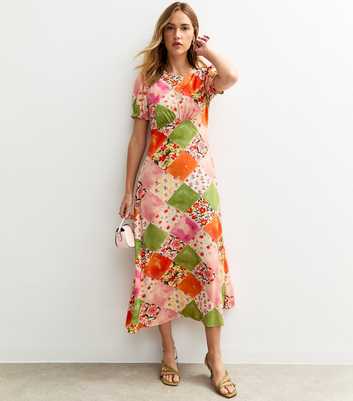 Orange Patchwork Print Puff Sleeve Midi Dress
