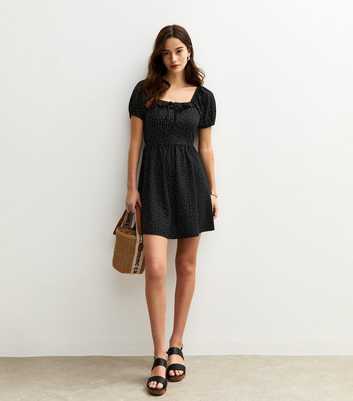 Black Polka Dot Textured Jersey Milkmaid Mini Dress