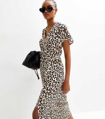 Tall Brown Leopard Print Flutter Sleeve Midi Dress