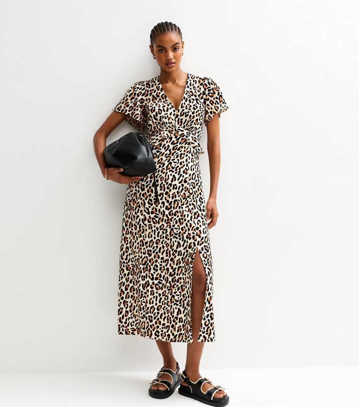 Tall Brown Leopard Print Flutter Sleeve Midi Dress | New Look