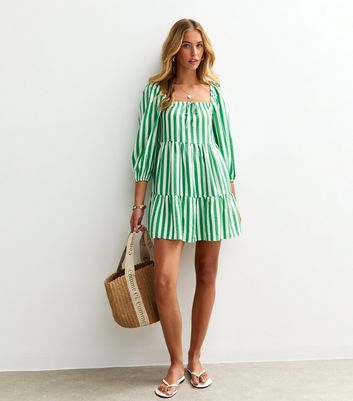 Tall Green Stripe Print Crop Sleeve Smock Mini Dress