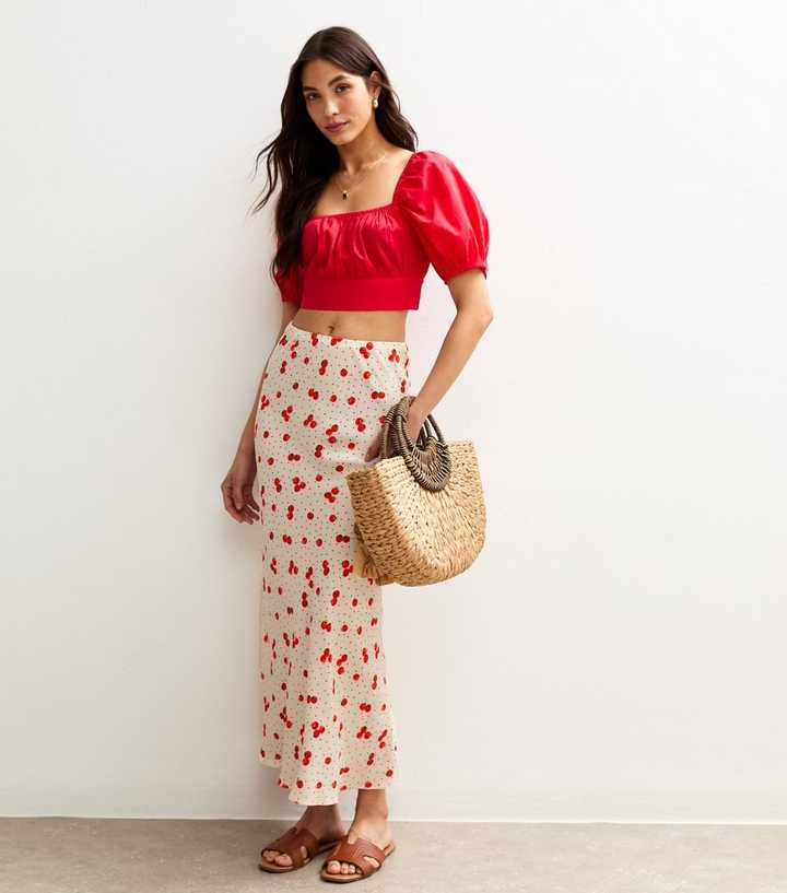White Tomato Print Bias Cut Midi Skirt 