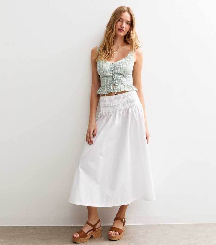White Elasticated Waist Poplin Midi Skirt