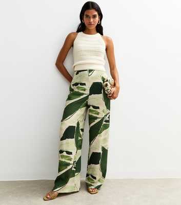 Green Leaf Print Wide Leg Trousers