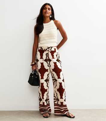 Brown Abstract Print Wide Leg Trousers