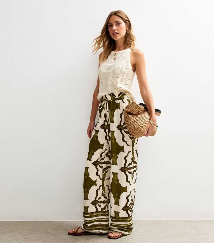 Green Abstract Print Wide Leg Trousers