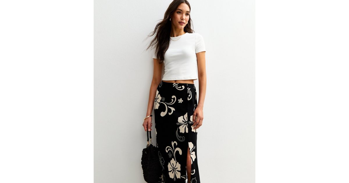 Black Hibiscus Print Side Split Midi Skirt | New Look