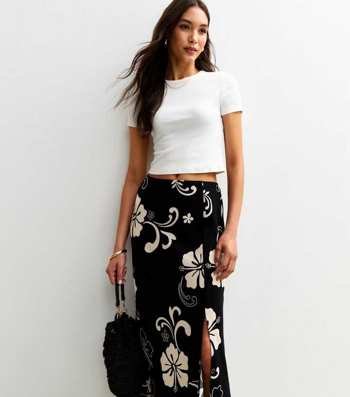 Black Hibiscus Print Side Split Midi Skirt