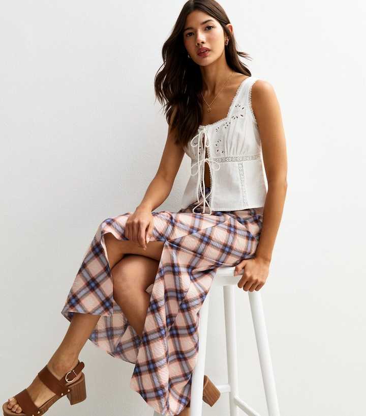 Blue Check Print Side Slit Midi Skirt