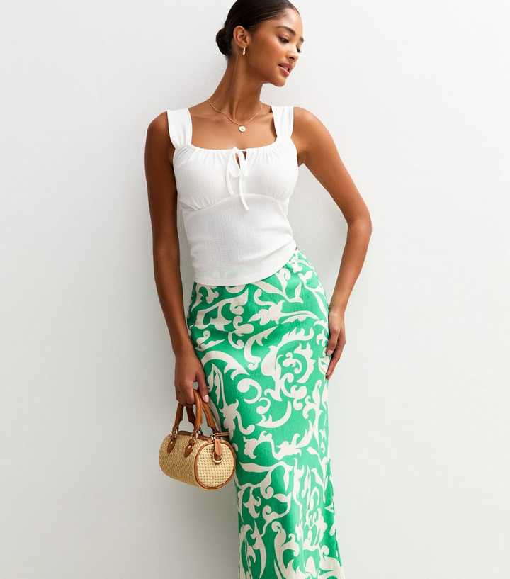 Green Folk Print Bias Cut Midi Skirt