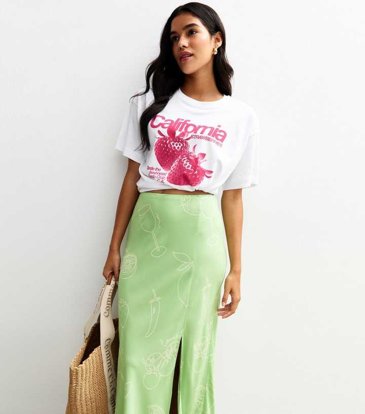 Green Fruit and Vegetable Print Bias Cut Midi Skirt
