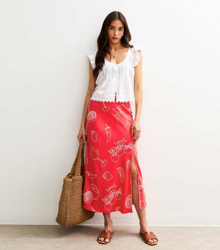 Red Fruit and Vegetable Print Bias Cut Midi Skirt