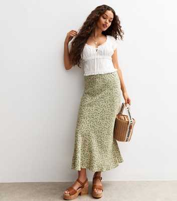 Petite Green Floral Print Bias Cut Midi Skirt