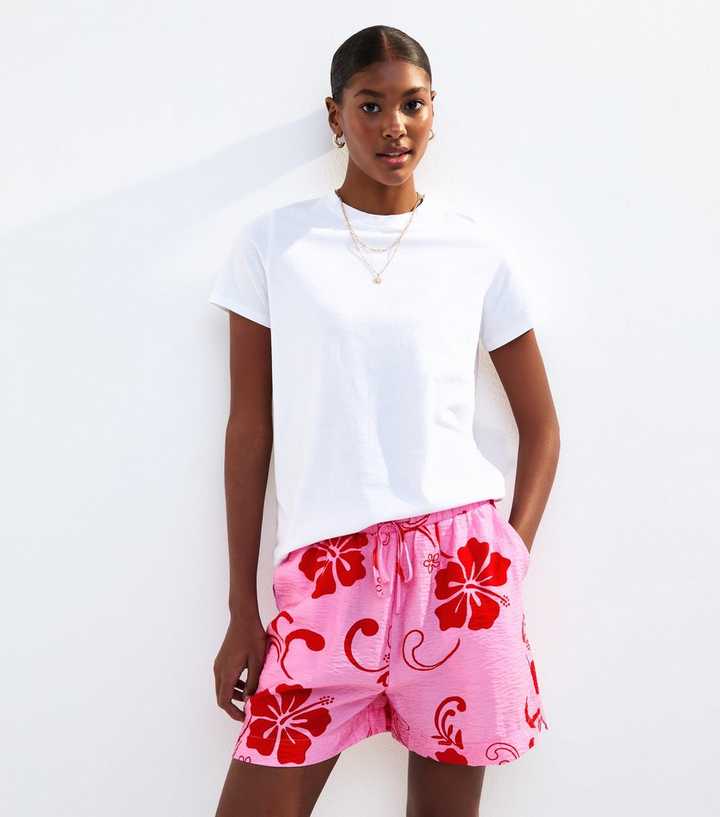 Pink Hibiscus Print Crinkle Texture Shorts