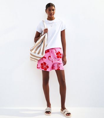 ウェア LOCEKR HIBISCUS SHORTS pink-hibiscus-print-crinkle-