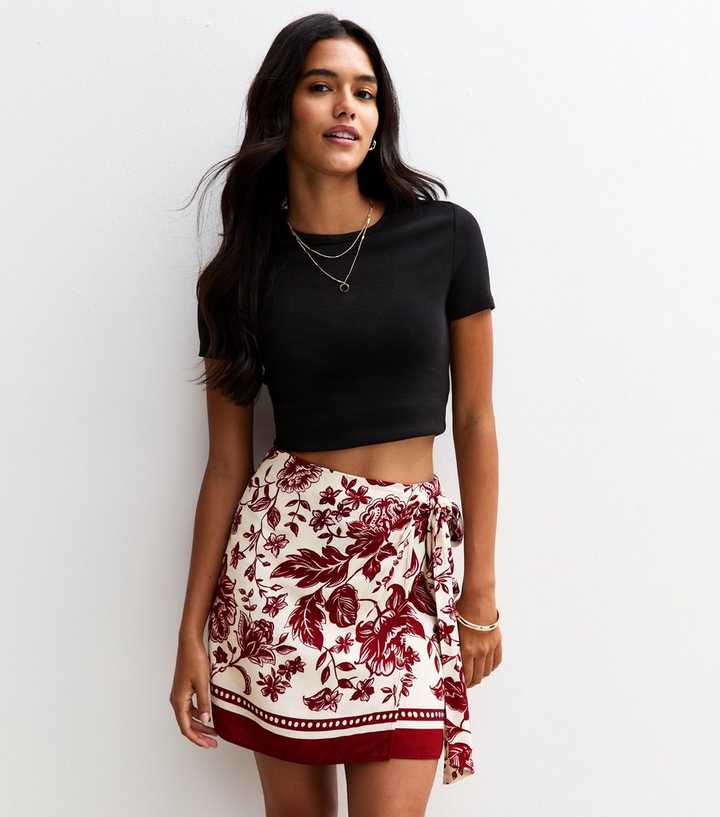 Red Floral Print Sarong Mini Skirt