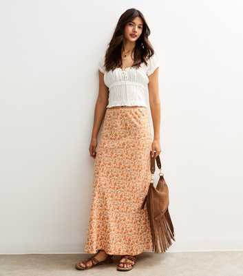 Orange Floral Print Bias Cut Midi Skirt