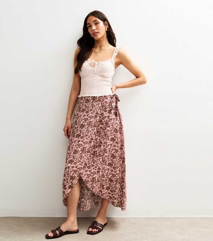 Pink Floral Print High Low Wrap Midi Skirt