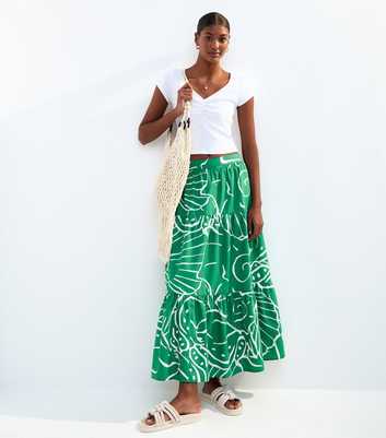 Green Shell Print Poplin Tiered Midi Skirt