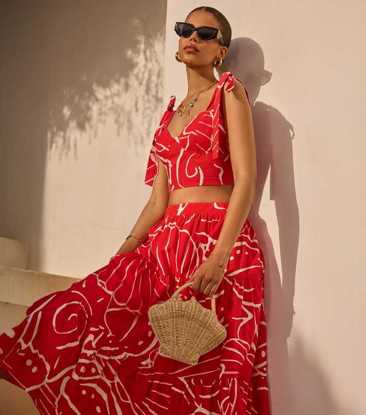 Red Shell Print Poplin Tiered Midi Skirt