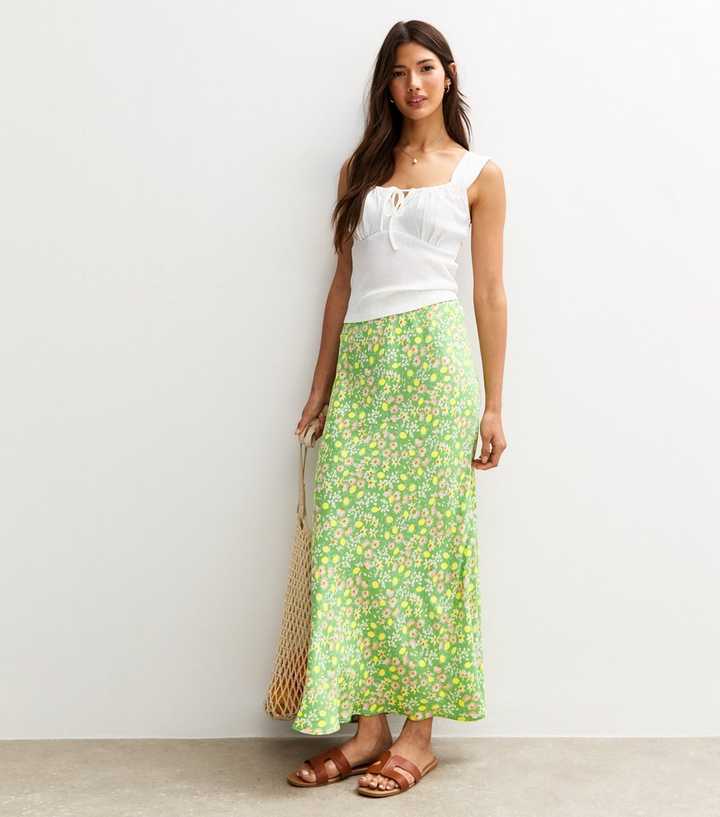 Green Floral Lemon Print Bias Cut Midi Skirt