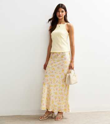 Yellow Floral Print Bias Cut Midi Skirt