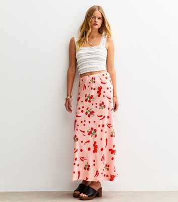 Pink Wild Strawberry Print Midi Skirt