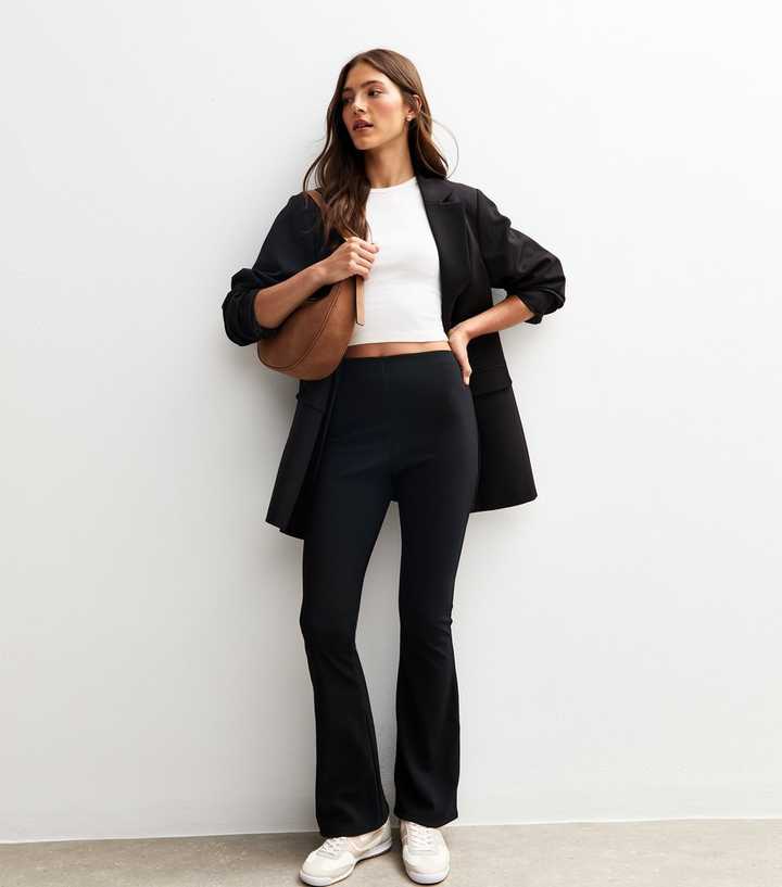 Black Ribbed Flared Leg Trousers