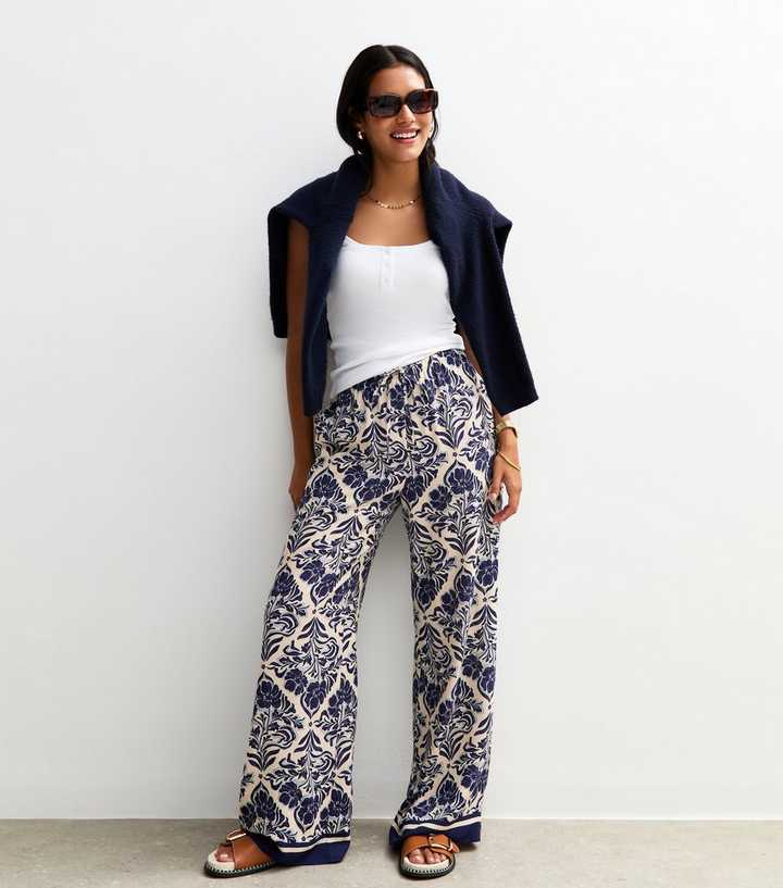 Blue Floral Geometric Print Wide Leg Trousers
