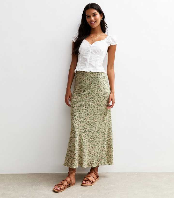 Green Floral Print Bias Cut Midi Skirt