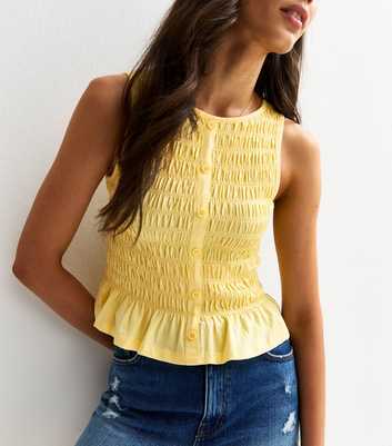 Light Yellow Shirred Button Detail Sleeveless Top