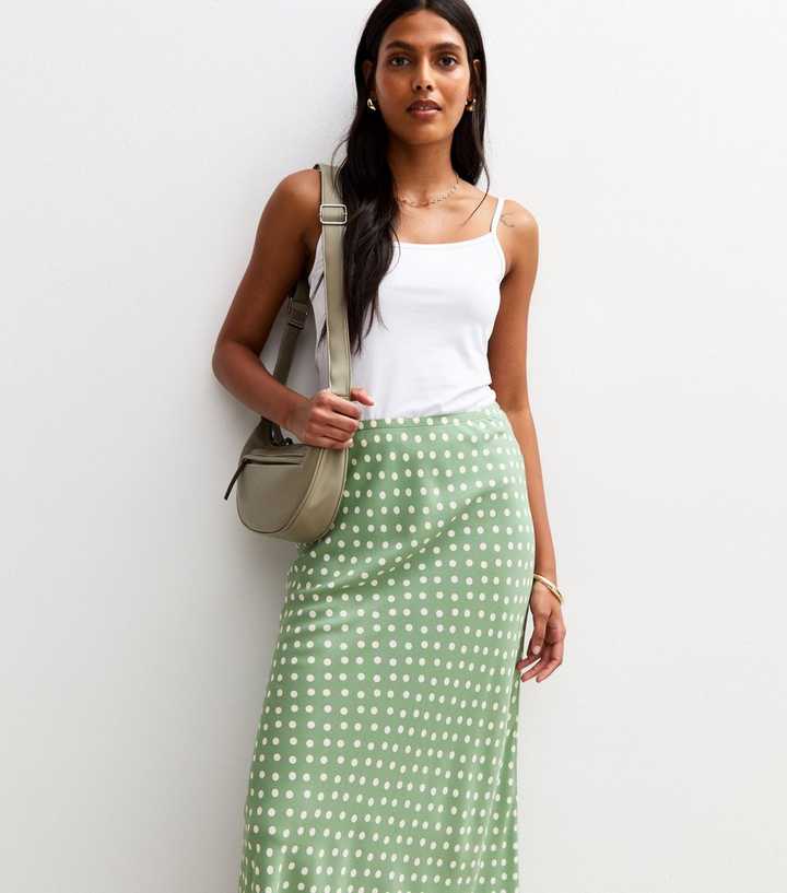Green Spot Print Bias Cut Midi Skirt