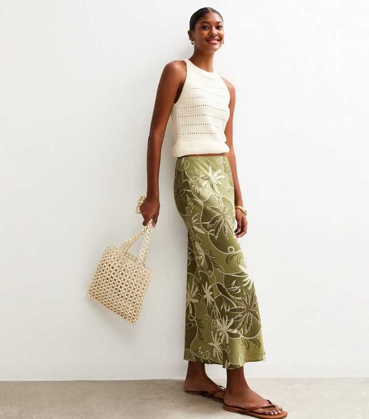 Green Palm Tree Print Midi Skirt 