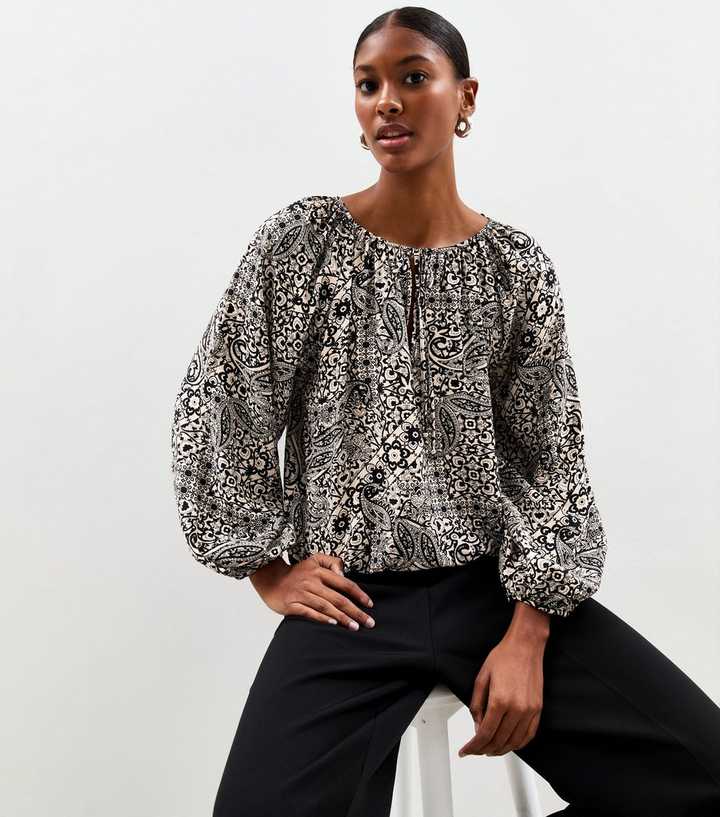 Black Paisley Print Tie Neck Blouse
