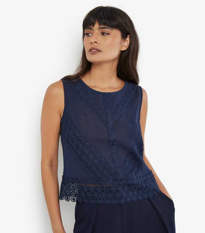 Apricot Navy Lace Hem Back Bow Sleeveless Top