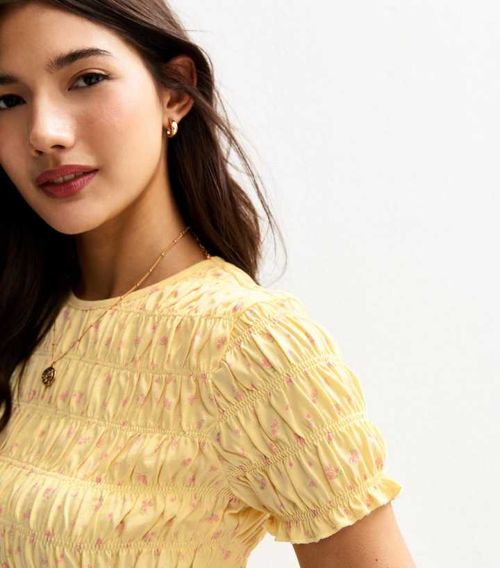 Yellow Floral Print Shirred T-Shirt