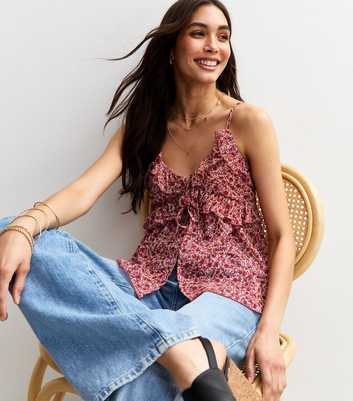 Pink Ditsy Print Frill Trim Cami Top