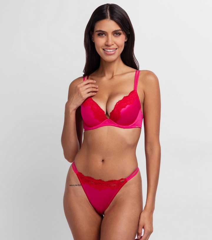 Dorina Bright Pink Shiny Lace Trimmed Plunge Bra