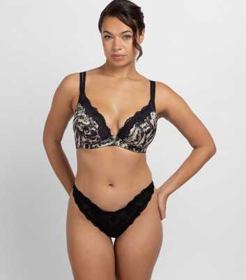 Dorina Black Printed Lace Trimmed Plunge Bra