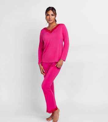 Dorina Bright Pink Lace Trimmed V-Neck Top