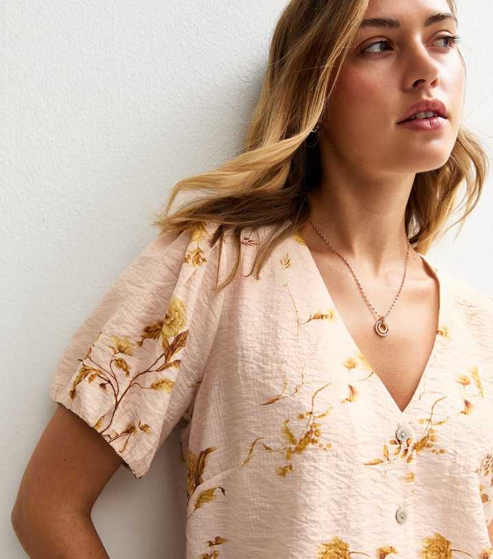 Yellow Textured Floral Print Puff Sleeve Button Front Top