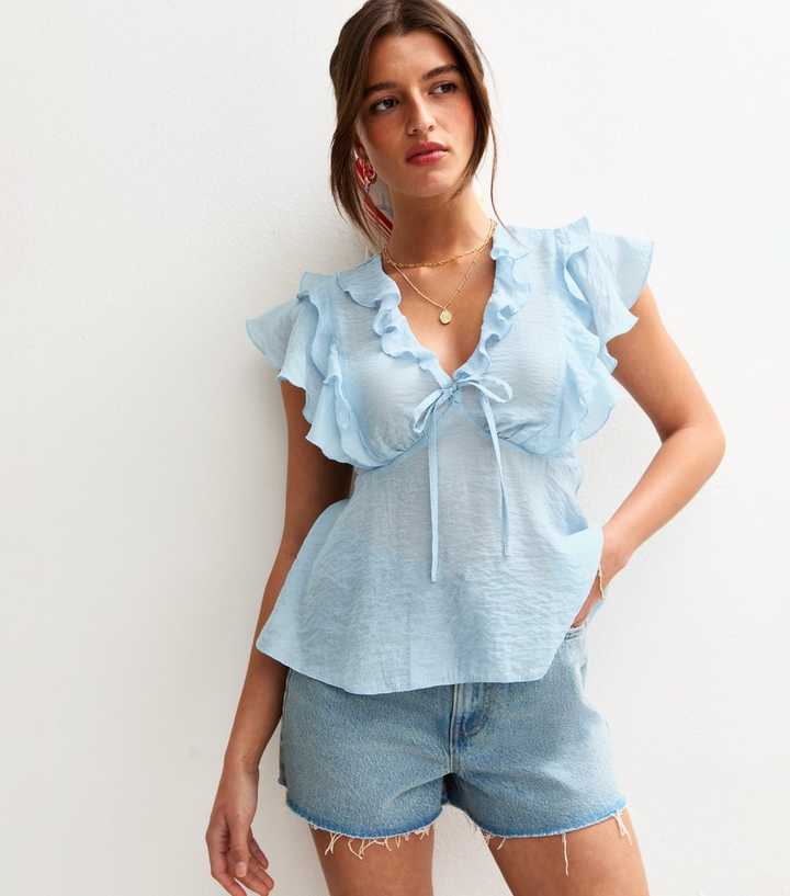 Light Blue Crinkle Texture Frill Trim Cap Sleeve Top